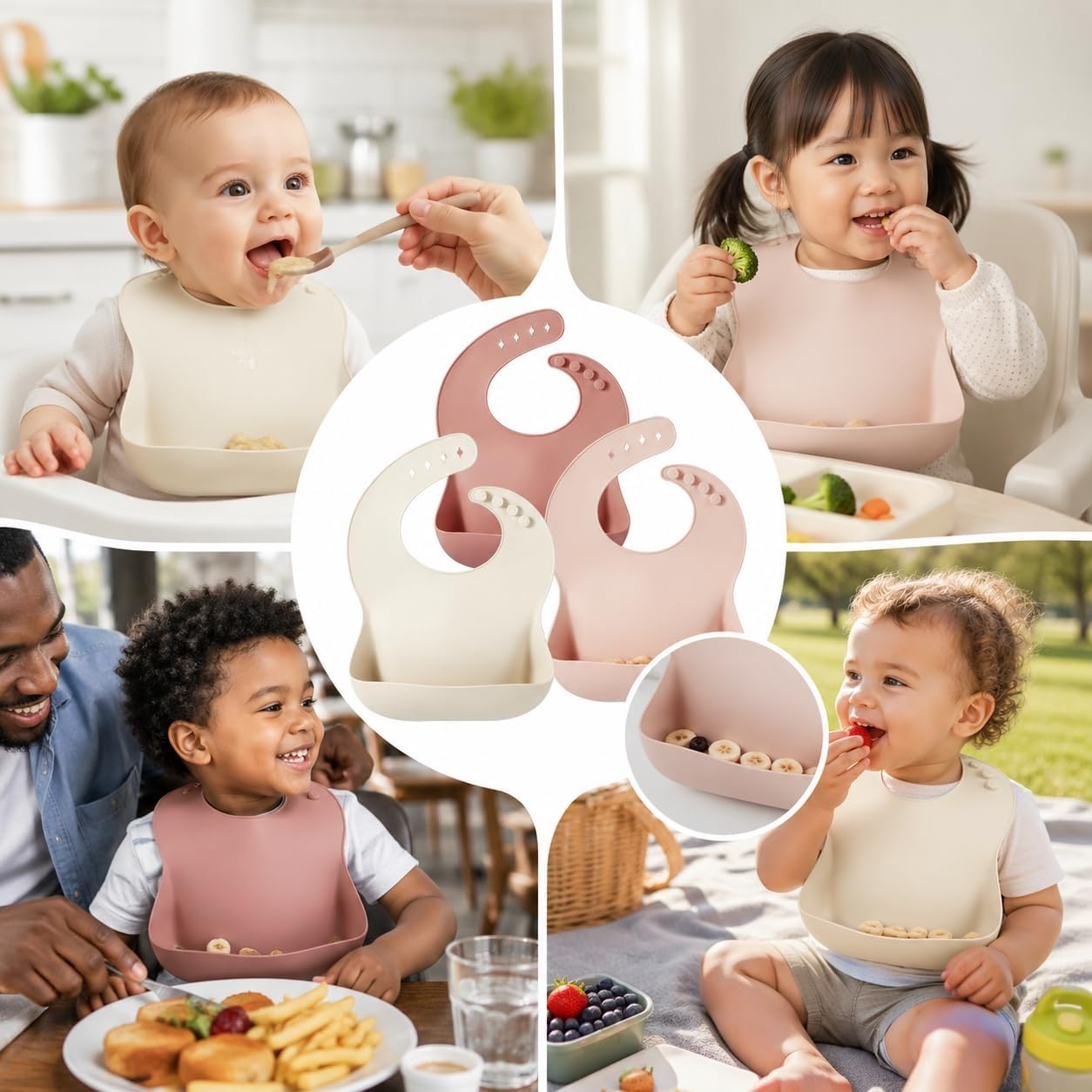 image:imagePandaEar Set of 3 Silicone Baby Bibs Waterproof Soft Adjustable Bibs for Babies Toddlers 1072 MonthsLight PinkRoseLinen