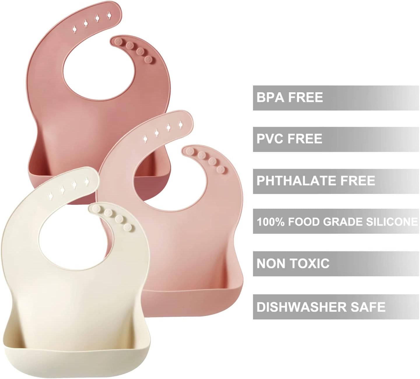 image:imagePandaEar Set of 3 Silicone Baby Bibs Waterproof Soft Adjustable Bibs for Babies Toddlers 1072 MonthsLight PinkRoseLinen