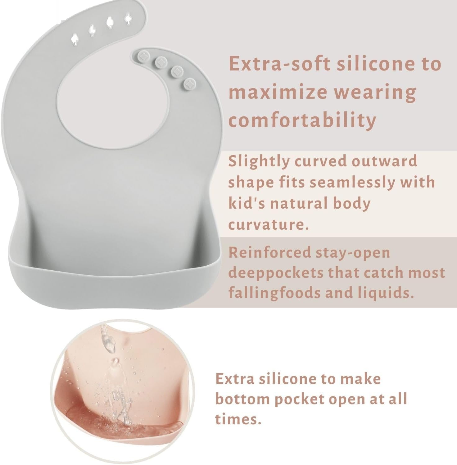 image:imagePandaEar Set of 3 Silicone Baby Bibs Waterproof Soft Adjustable Bibs for Babies Toddlers 1072 MonthsPink Bown Gray