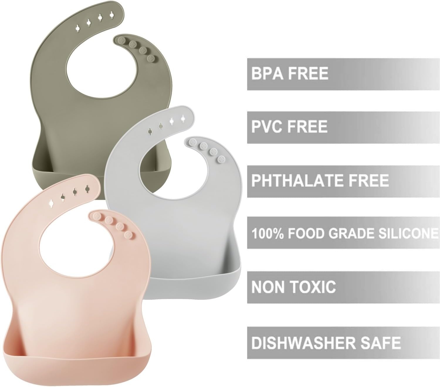 image:imagePandaEar Set of 3 Silicone Baby Bibs Waterproof Soft Adjustable Bibs for Babies Toddlers 1072 MonthsPink Bown Gray