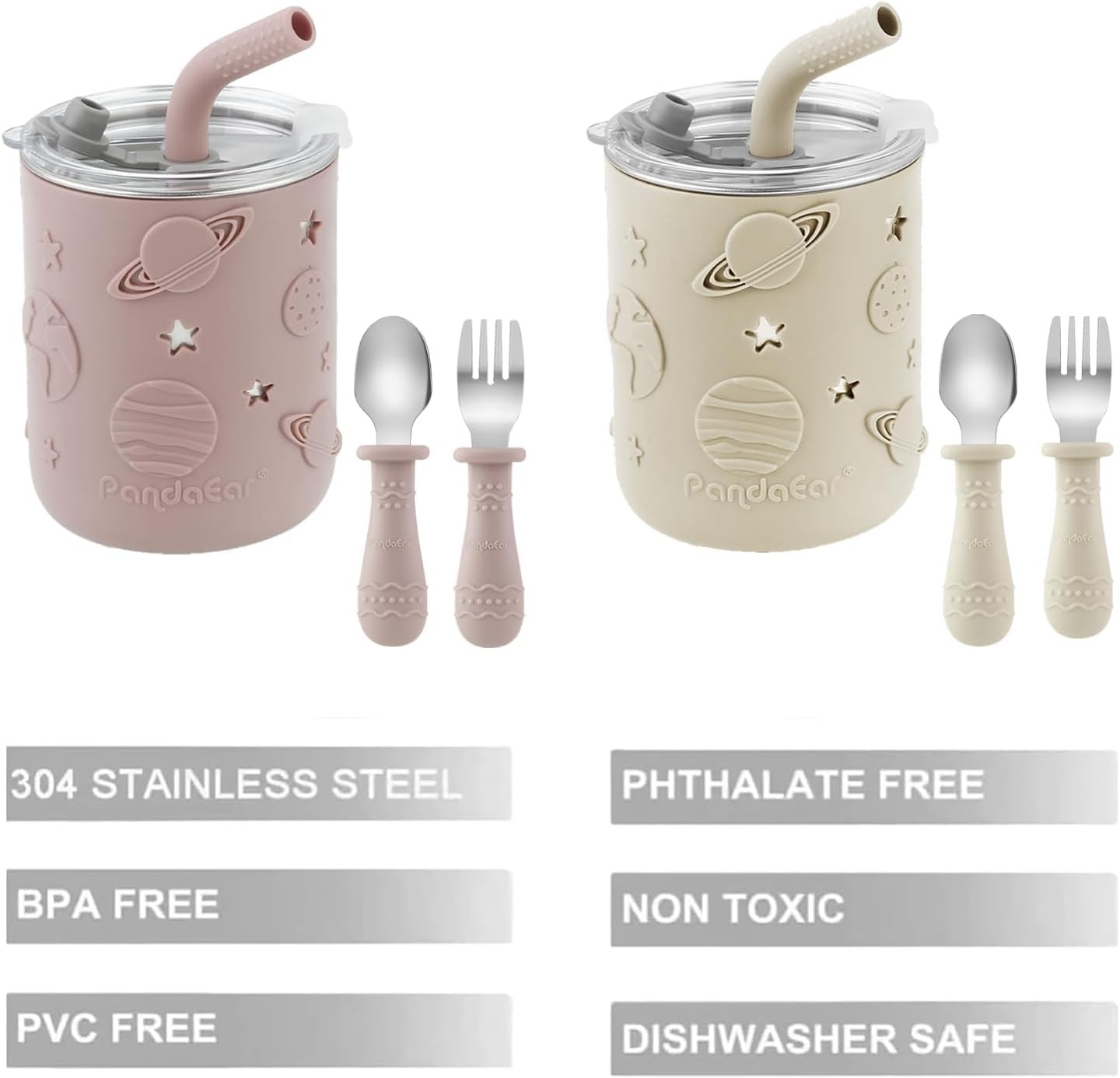 image:imagePandaEar Stainless Steel Toddler Cups with Straw 2 Pack Spoons amp Forks