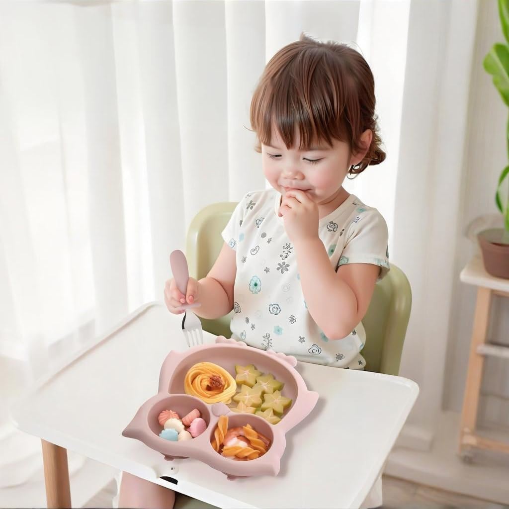 image:imagePandaEar Toddler Suction Plates Stay Put Divided Baby Plates Owl Shape BPAFree 100 FoodGrade Silicone Unbreakable Baby Plate Baby Feeding Supplies BluePink