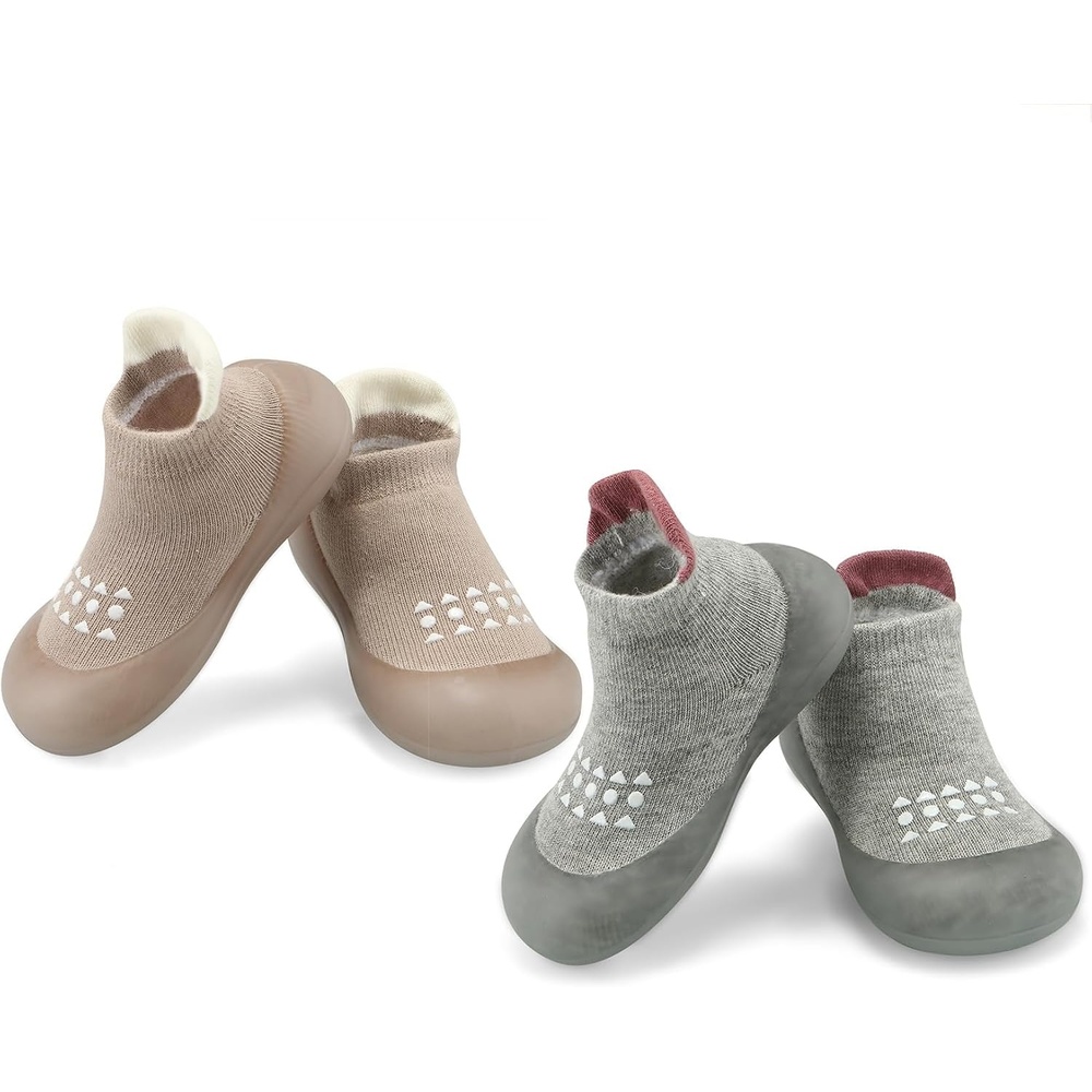 image:imagePandaEar 2 Pack Baby Sock Shoes Toddler Walking Shoes NonSlip Soft Sole Sneakers Breathable Slippers for Infant Boys GirlsBrowngrey