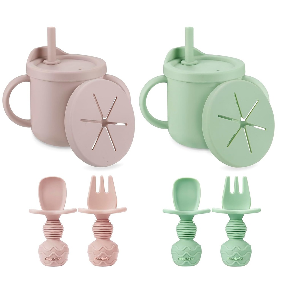 image:imagePandaEar 2 Pack Silicone Baby Straw amp Snack Cup with 2 Spoons 2 Forks DualPurpose Toddler Training Cups Light TanWalnutPink Green