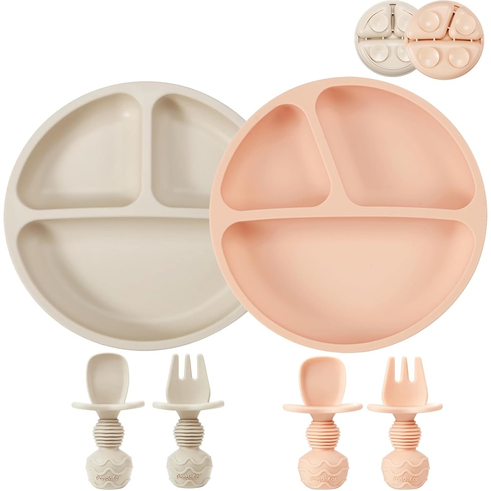image:imagePandaEar 2 Pack Silicone Divided Suction Plates with 2 Spoons 2 Forks for Babies amp Toddlers  Baby Led Weaning Supplies Self Feeding Eating Utensils  BPAFree Silicone Baby Feeding Set Pink amp Linen