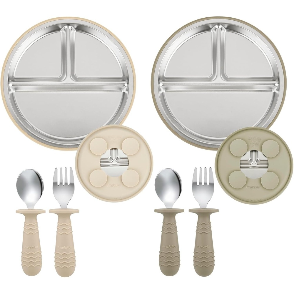 image:imagePandaEar 2 Pack Stainless Steel Baby Suction Plates amp 2 Pack Spoons and Forks Set Toddler Utensils Baby Feeding Set Divided Plates for Baby Led Weaning Supplies BPAFree TanWalnutTanWalnut
