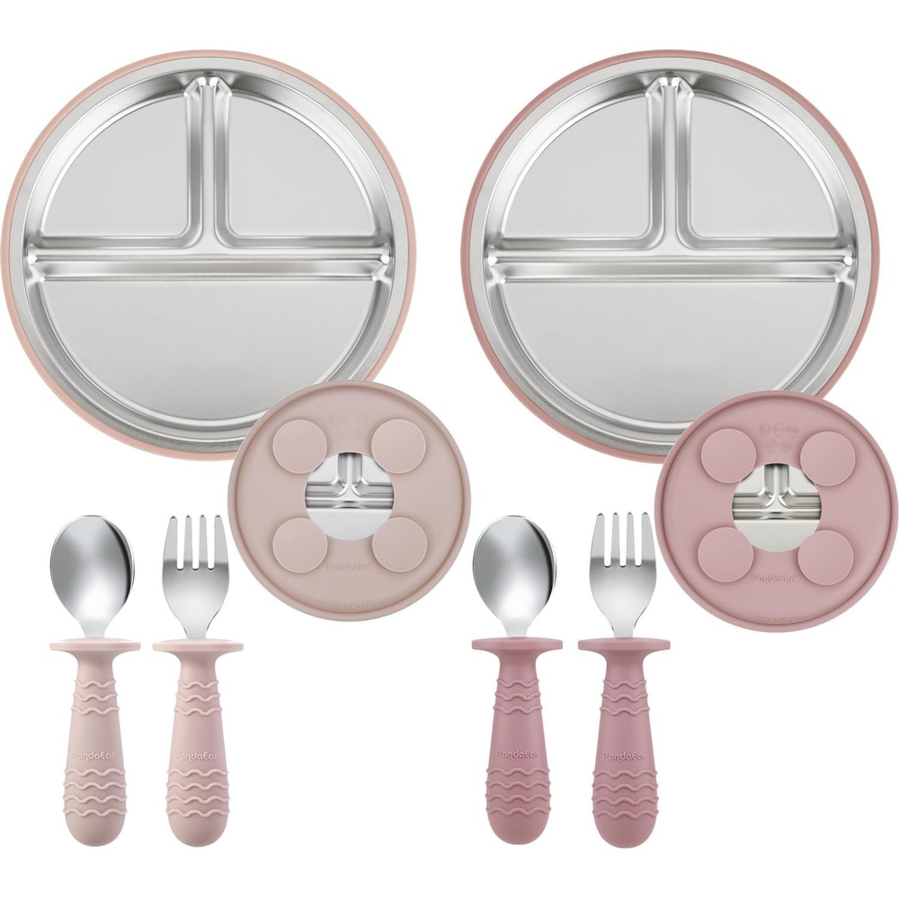 image:imagePandaEar 2 Pack Stainless Steel Baby Suction Plates amp 2 Pack Spoons and Forks Set Toddler Utensils Baby Feeding Set Divided Plates for Baby Led Weaning Supplies BPAFree TanWalnutPink