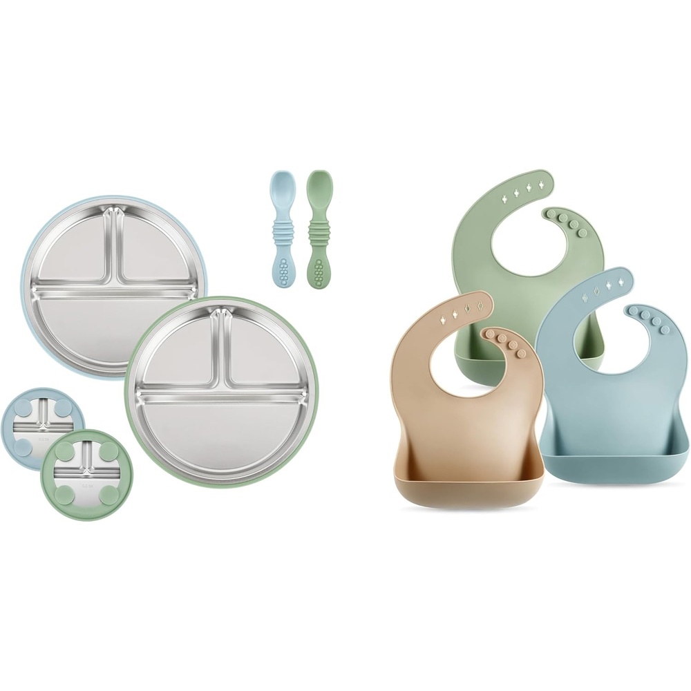 image:imagePandaEar 2 Pack Stainless Steel Baby Suction Plates with 2 Pack Spoons amp Set of 3 Silicone Baby Bibs Waterproof Soft