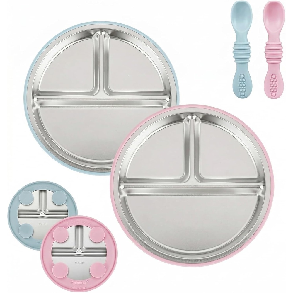 image:imagePandaEar 2 Pack Stainless Steel Baby Suction Plates with 2 Pack SpoonsPinkBlue