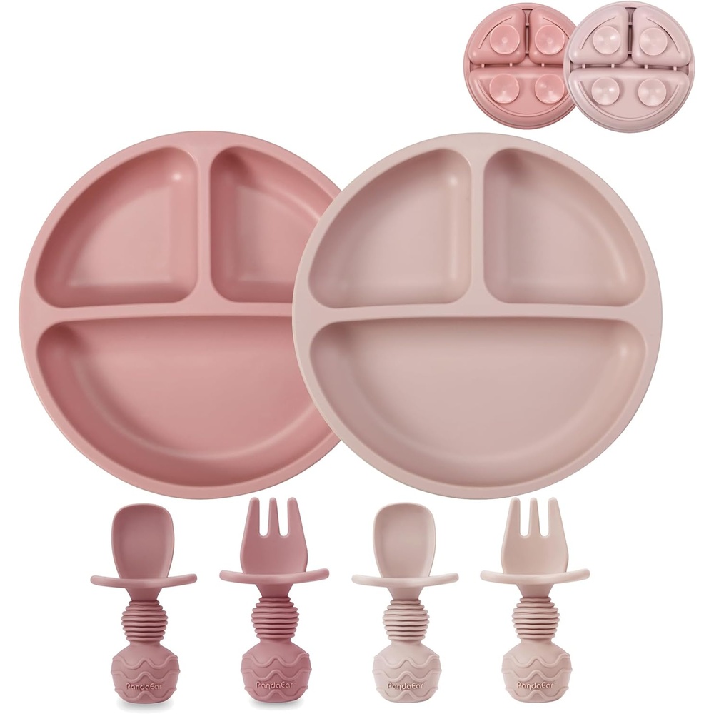 image:imagePandaEar 2 Pack Toddler Divided Suction Plates with 2 Spoons 2 Forks for Babies  Silicone Baby Led Weaning Supplies Self Feeding Eating Utensils  BPAFree Baby Feeding Set  Pink