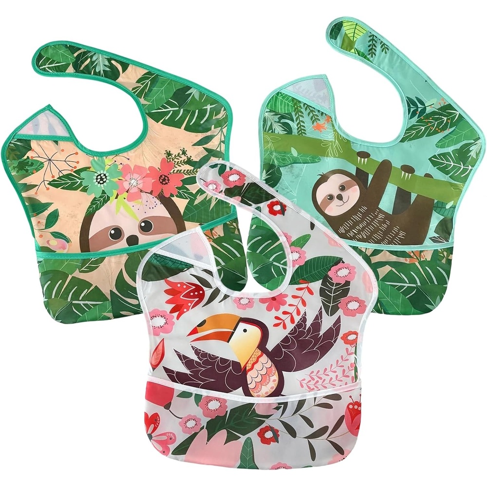 image:imagePandaEar 3 Pack Baby Bibs for Boys amp Girls Waterproof Polyester Toddler Bibs for 624 Months Lightweight Soft Feeding Bibs with Food Catcher Pocket Animal Theme Series