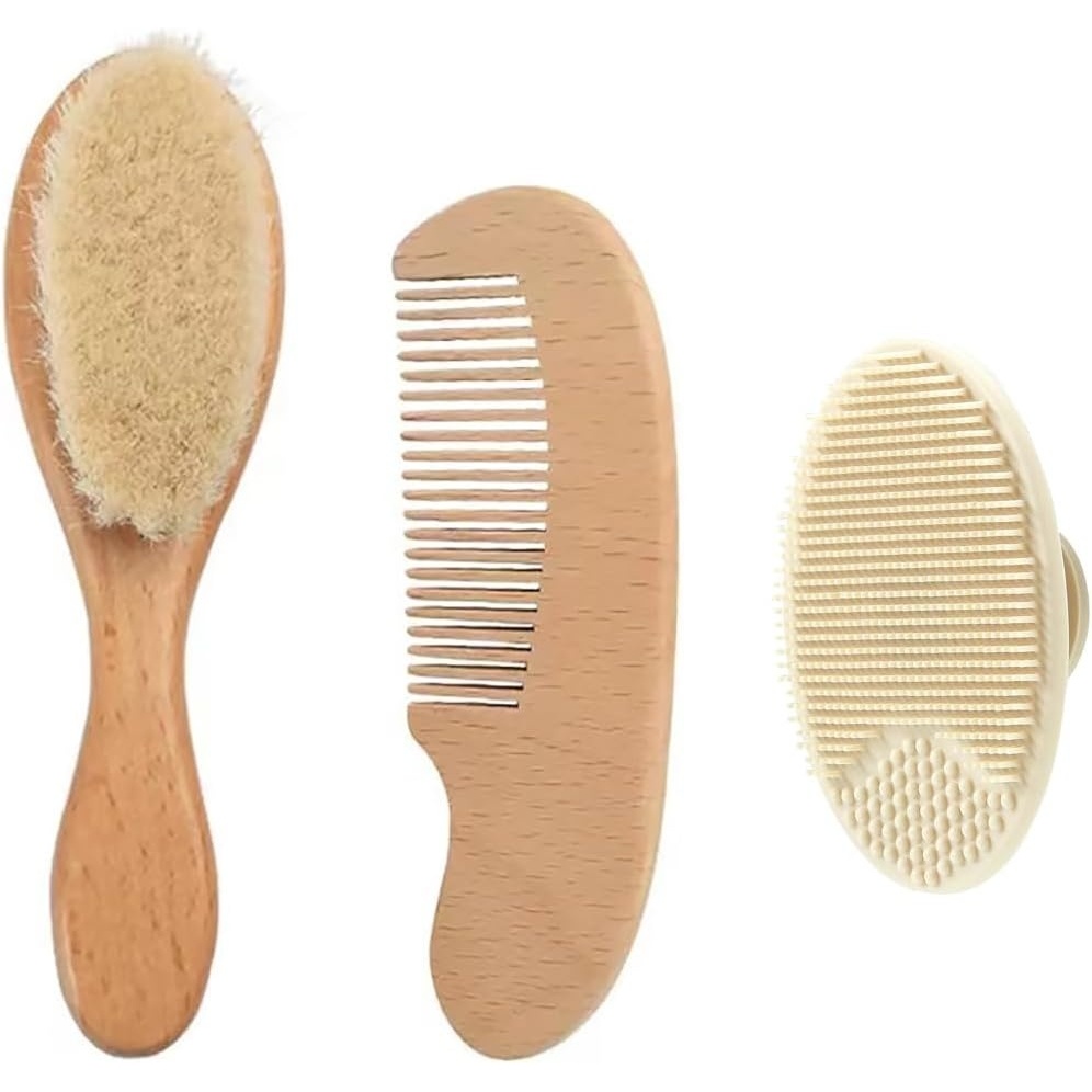 image:imagePandaEar 3 Pack Baby Brush and Comb Set Newborn Silicone Cradle Cap Brush for Babies Soft Newborn Hair Brush with Soft Goat Bristles Wooden Toddler Comb Hairbrush Set for Boys and Girls