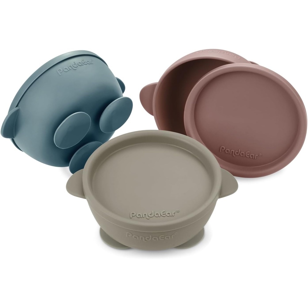 image:imagePandaEar 3 Pack Baby Suction Bowls with Lids  Stay Put Silicone Toddler Bowls for SelfFeeding amp Travel 100 Food Grade BPAFree Leakproof Feeding Set Muted Earth Tones