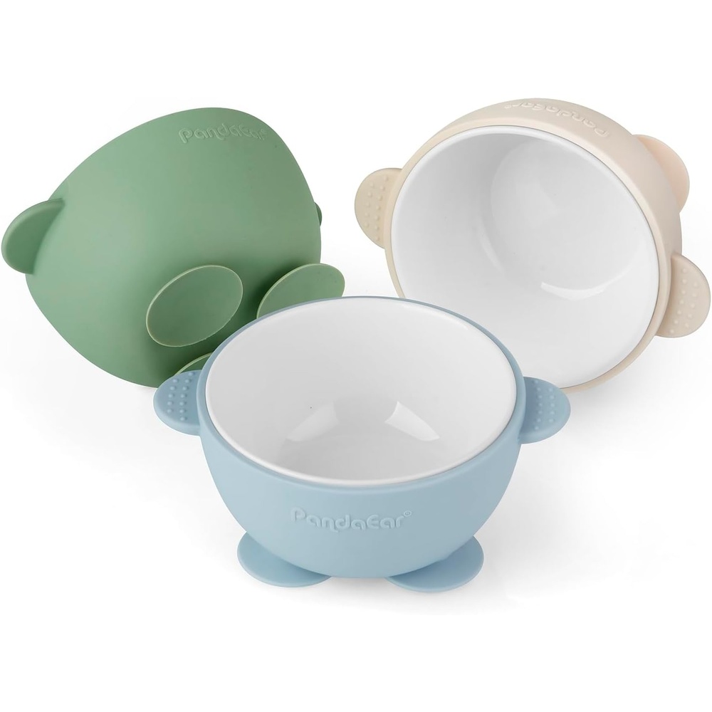 image:imagePandaEar 3 Pack Ceramic Baby Bowls with Silicone Sleeves  NonSlip Suction Base Microwave amp Dishwasher Safe Toddler Bowls  BPA Free Baby Feeding Bowls Set BlueGreenBeige