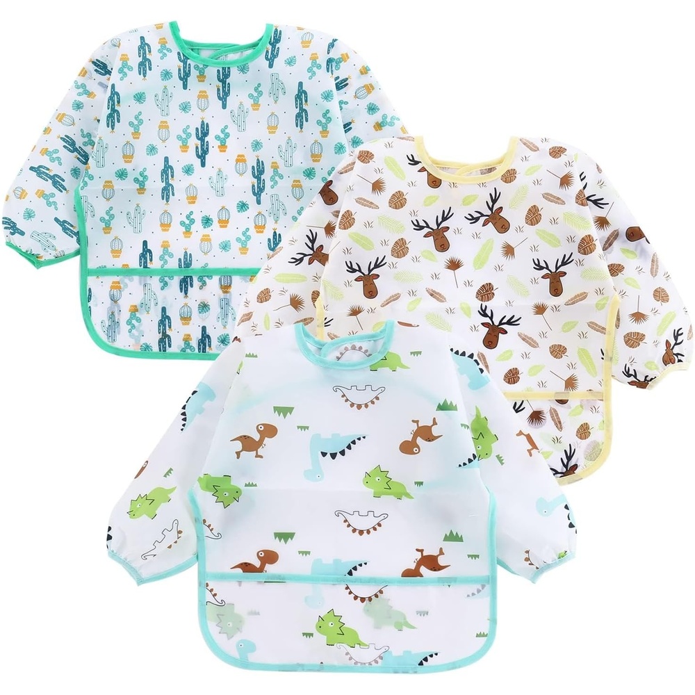 image:imagePandaEar 3 Pack Long Sleeve Bibs Waterproof Full Sleeve Bib for Baby Infant Toddler 636 MonthsCactus