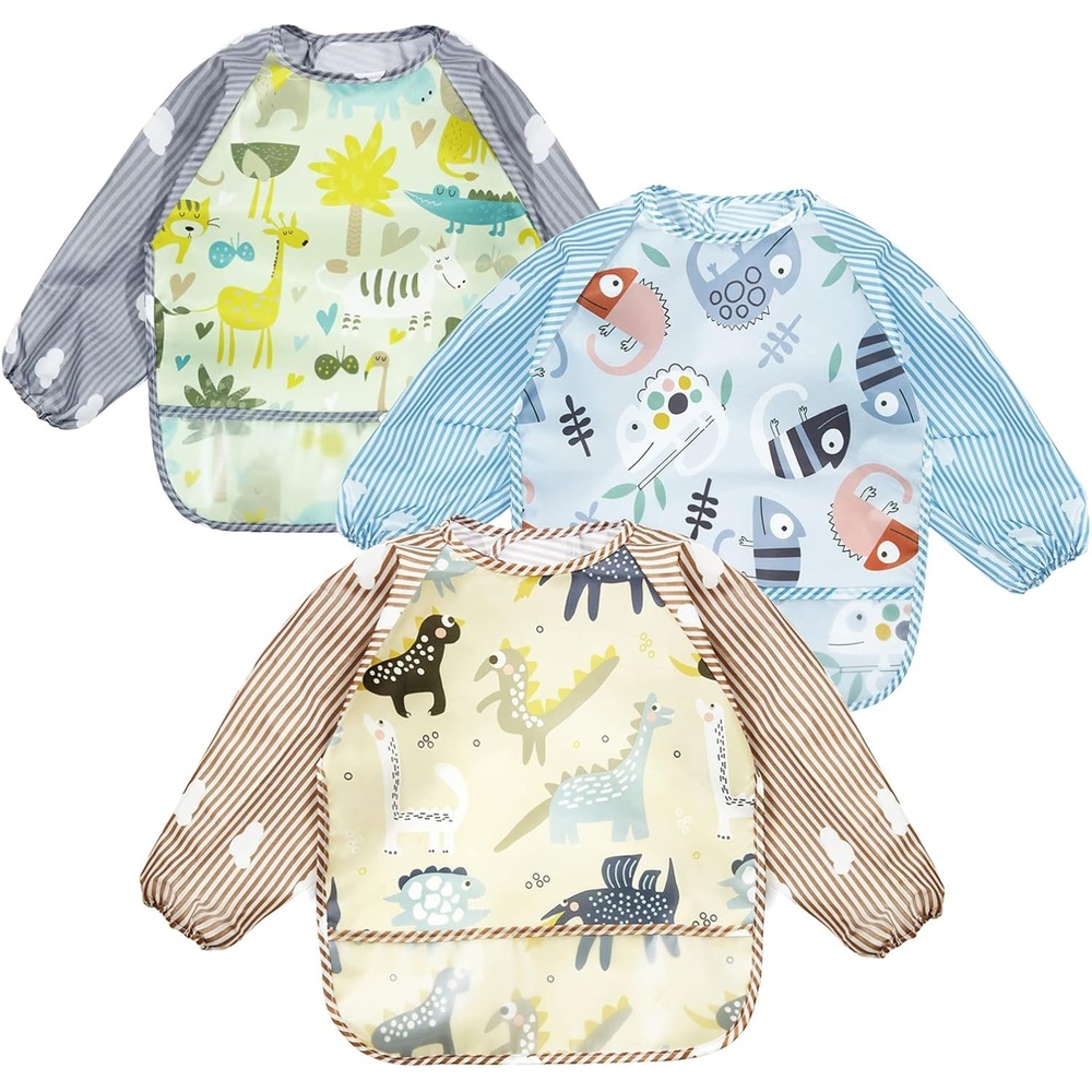 image:imagePandaEar 3 Pack Long Sleeve Bibs Waterproof Full Sleeve Bib for Baby Infant Toddler 636 MonthsLizard