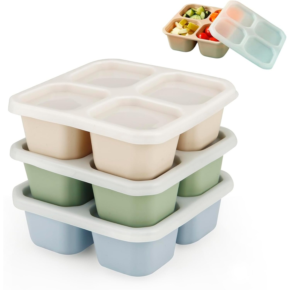 image:imagePandaEar 3 Pack Snack Containers 4 Compartment Silicone Bento Lunch Snack Box with Lids Reusable Divided Meal Snack Containers for Adults Food Storage Containers for Work Travel