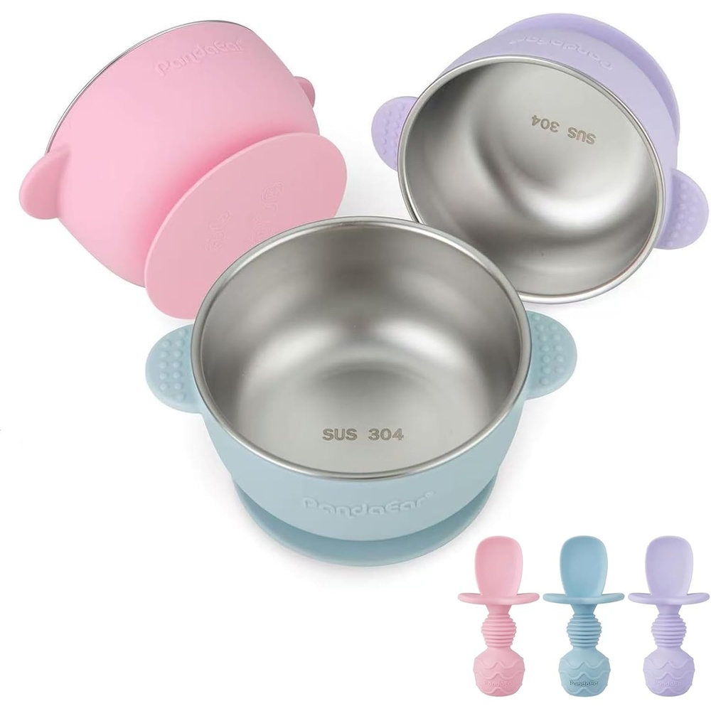 image:imagePandaEar 3 Pack Stainless Steel Baby Suction Bowls With Silicone Spoons