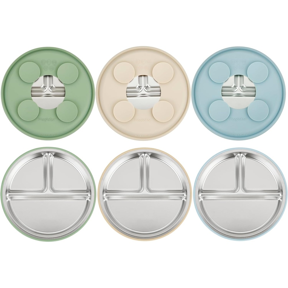 image:imagePandaEar 3 Pack Stainless Steel Baby Suction Plates With LidsBlueGreenBrown