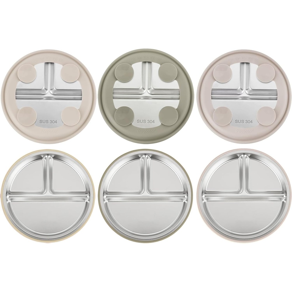 image:imagePandaEar 3 Pack Stainless Steel Baby Suction Plates With LidsLinenBrownTan