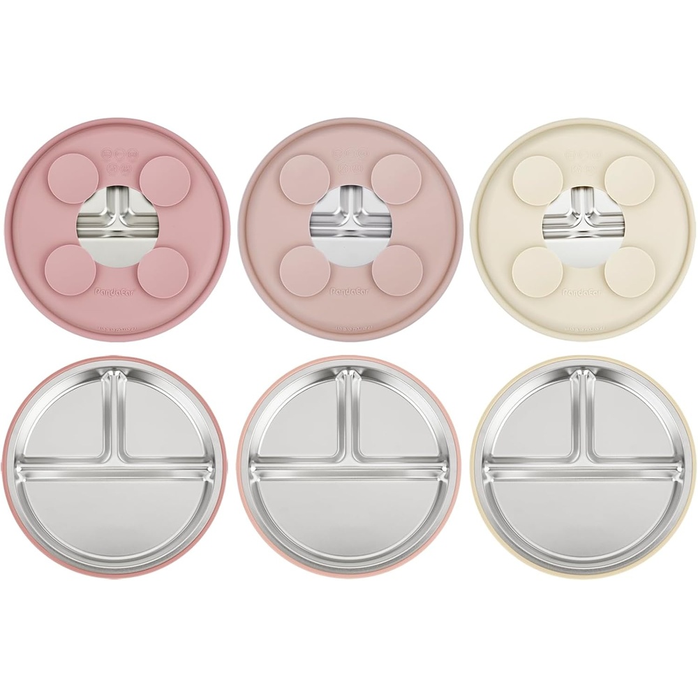 image:imagePandaEar 3 Pack Stainless Steel Baby Suction Plates With LidsPinkLinenLight Pink