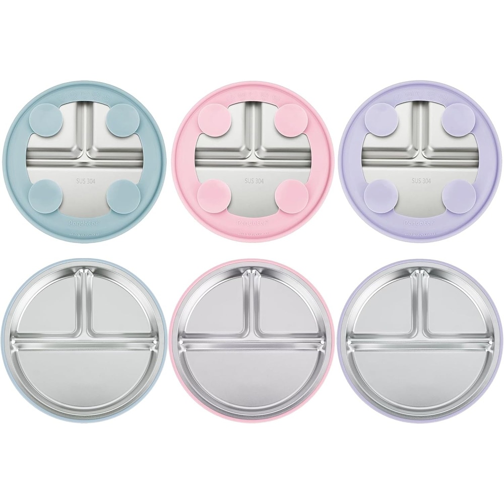 image:imagePandaEar 3 Pack Stainless Steel Baby Suction Plates With LidsPinkPurpleBlue