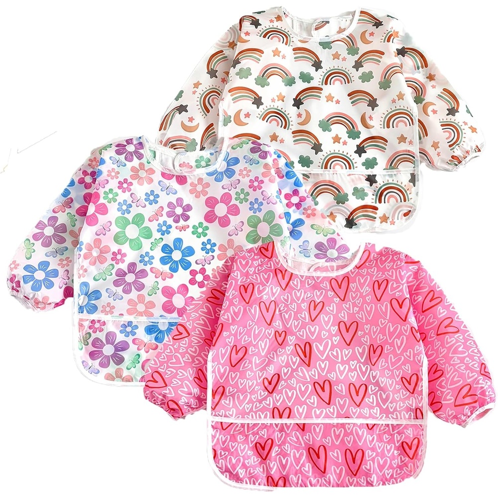 image:imagePandaEar 3 Pack Waterproof Baby Long Sleeve Bibs for Girls Lightweight Toddler Art Smock with CatchAll Pocket Washable Mealtime Bibs for Eating amp Messy Play Fits 62436 Months