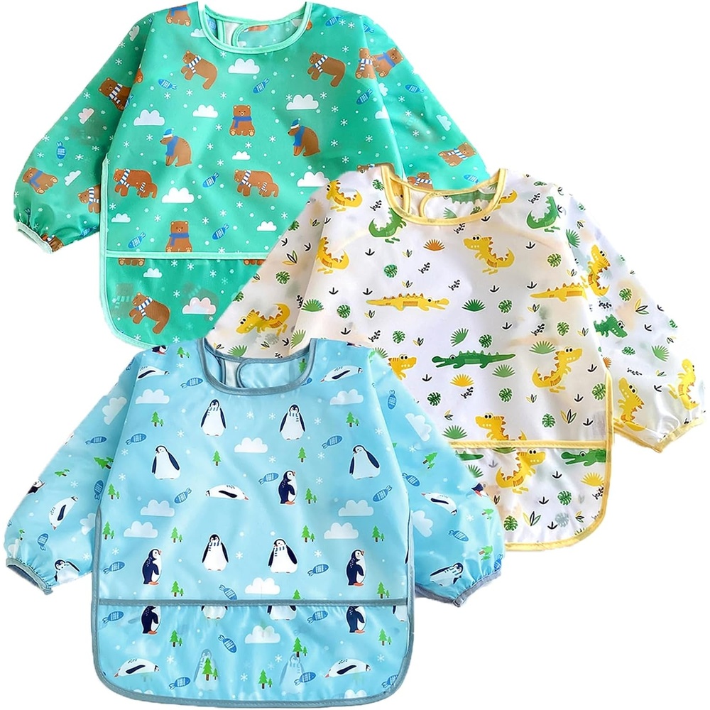 image:imagePandaEar 3 Pack Waterproof Long Sleeve Baby Bibs for Eating amp Messy Play Toddler Smock with Food Catcher Pocket Lightweight Reusable Feeding Apron for Infant 636 Months Bears Penguins Dinosaurs