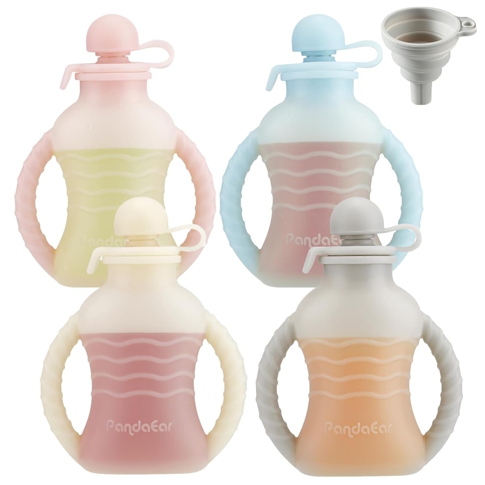 image:imagePandaEar 4 Pack Reusable Baby Food Pouches with Double Handles Silicone Portable Pouches for Toddlers Refillable 4oz Food Storage Bags for Puree Yogurt Smoothies  Includes Collapsible Funnel