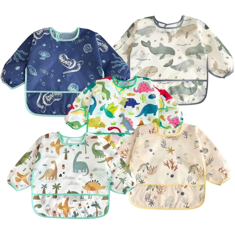 image:imagePandaEar 5 Pack Baby Long Sleeve Bibs Waterproof Full Sleeve Bib for Baby Infant Toddler 636 MonthsBlue
