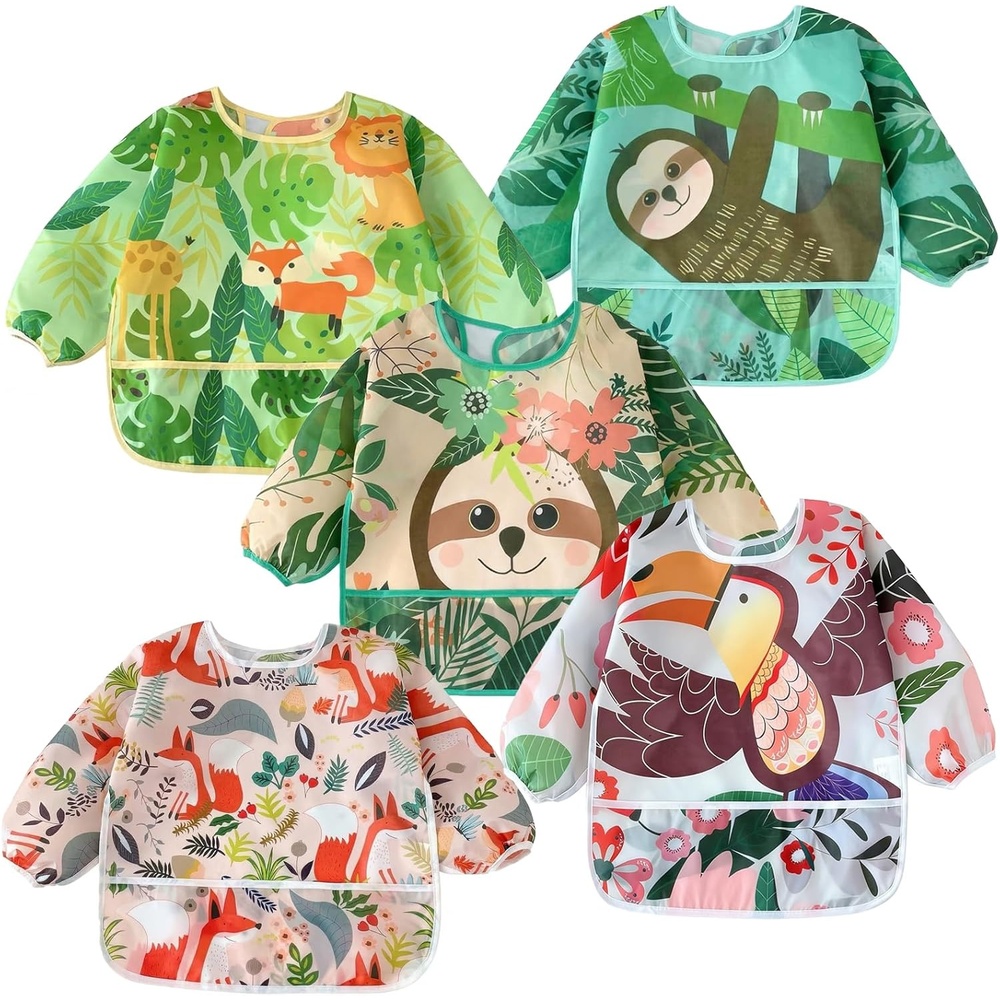 image:imagePandaEar 5 Pack Baby Long Sleeve Bibs Waterproof Full Sleeve Bib for Baby Infant Toddler 636 MonthsGreen
