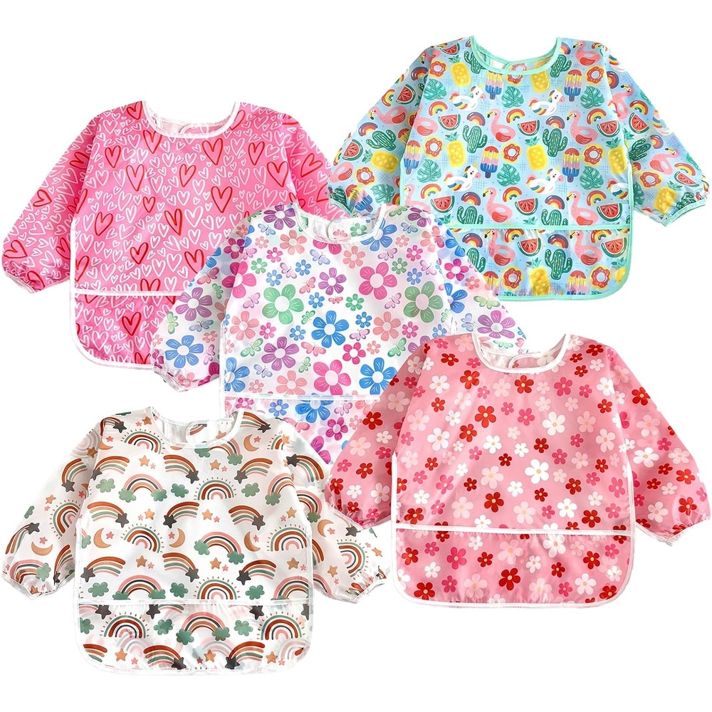 image:imagePandaEar 5 Pack Baby Long Sleeve Bibs Waterproof Full Sleeve Bib for Baby Infant Toddler 636 MonthsPink