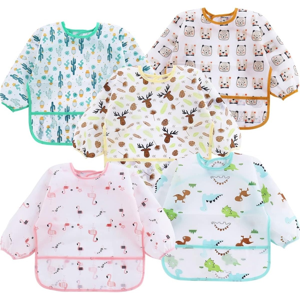 image:imagePandaEar 5 Pack Long Sleeve Bibs for Babies 624 Months Lightweight Waterproof Toddler Smock for Eating amp Messy Art Washable Weaning Bibs with StayOpen Pocket Breathable amp TravelFriendly