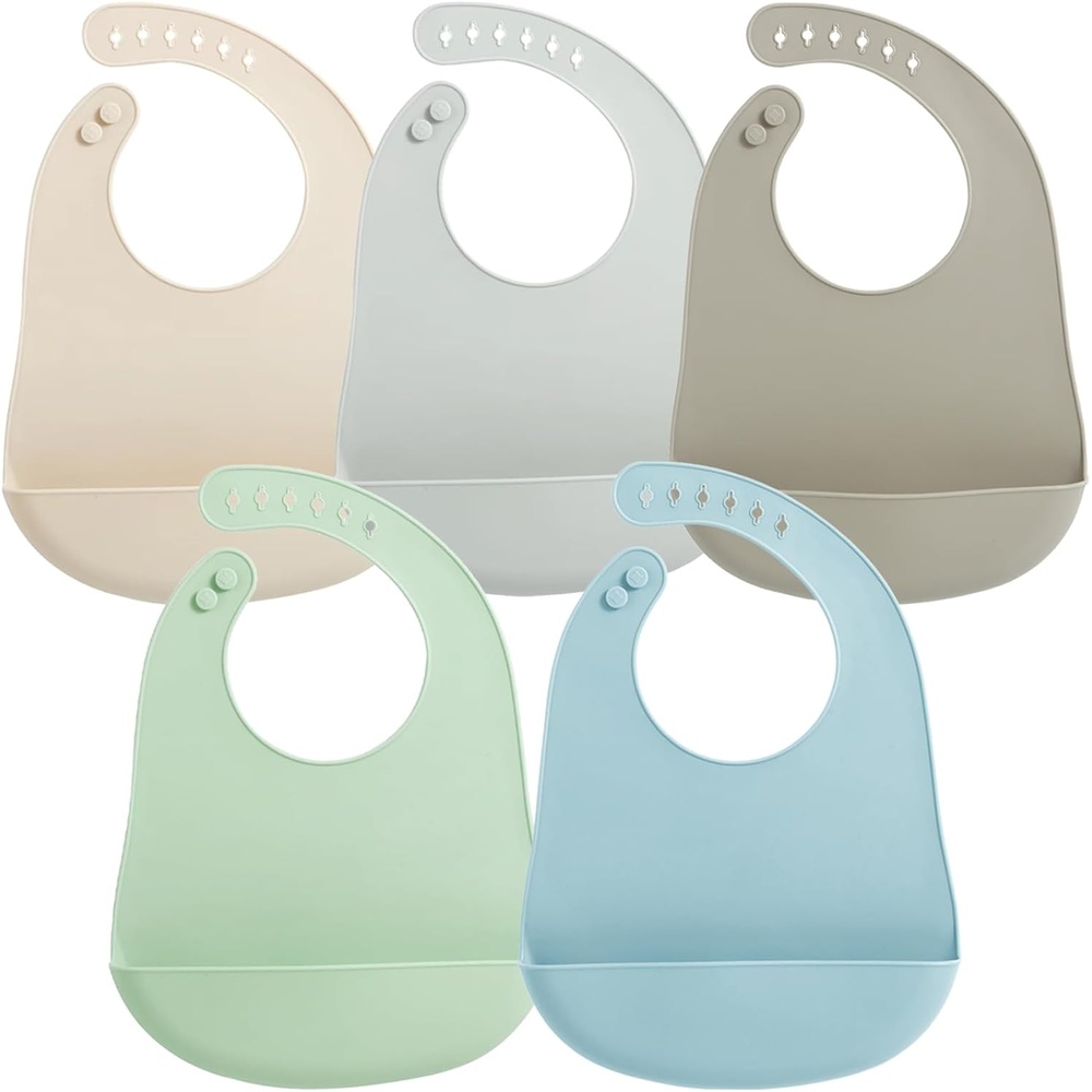 image:imagePandaEar 5 Pack Waterproof Silicone Baby Bibs Super Thin Light Weight Feeding Bib with Food Catcher Pocket for ToddlerCreamGrayTaupeGreenBlue