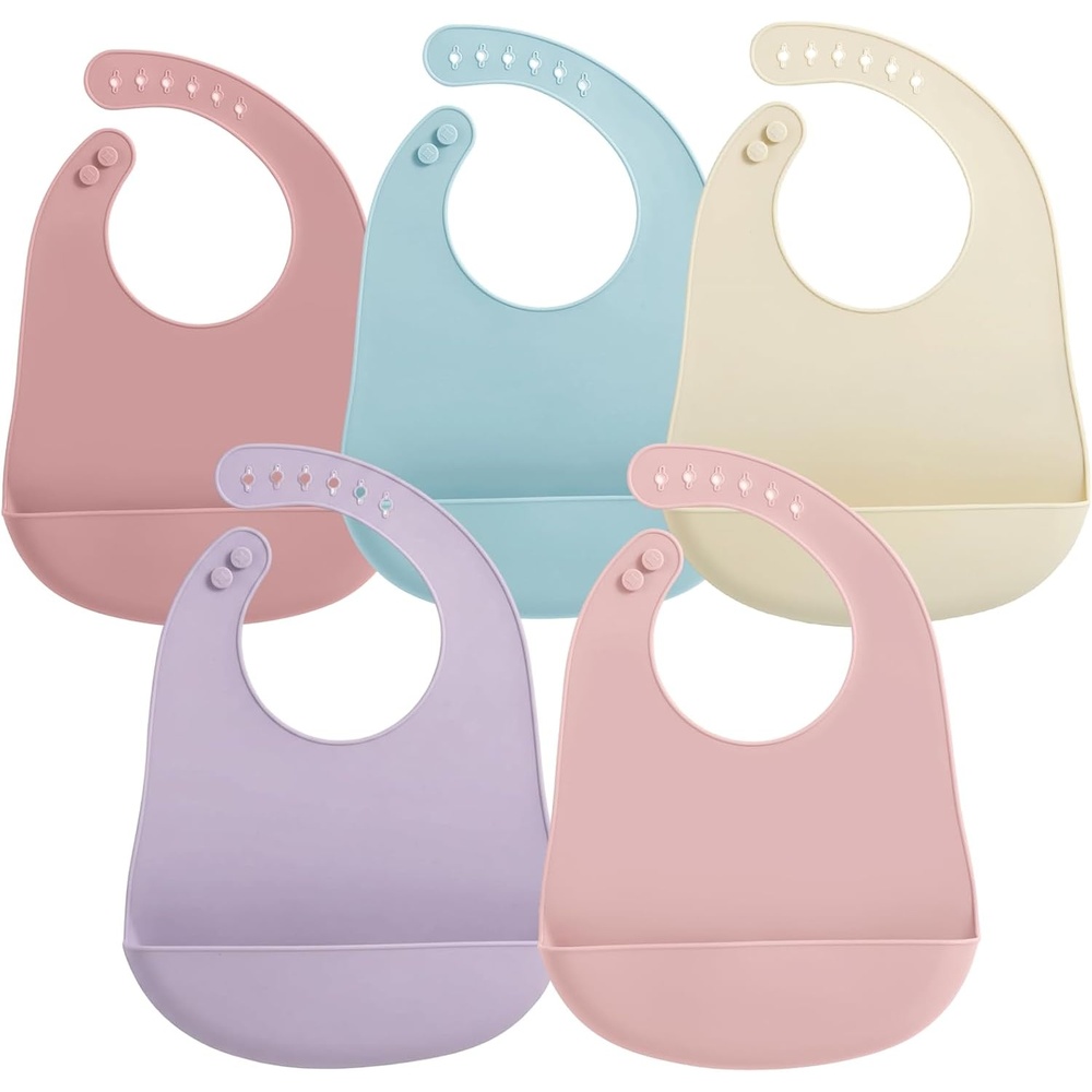image:imagePandaEar 5 Pack Waterproof Silicone Baby Bibs Super Thin Light Weight Feeding Bib with Food Catcher Pocket for ToddlerPinkLinenPurpleBlue