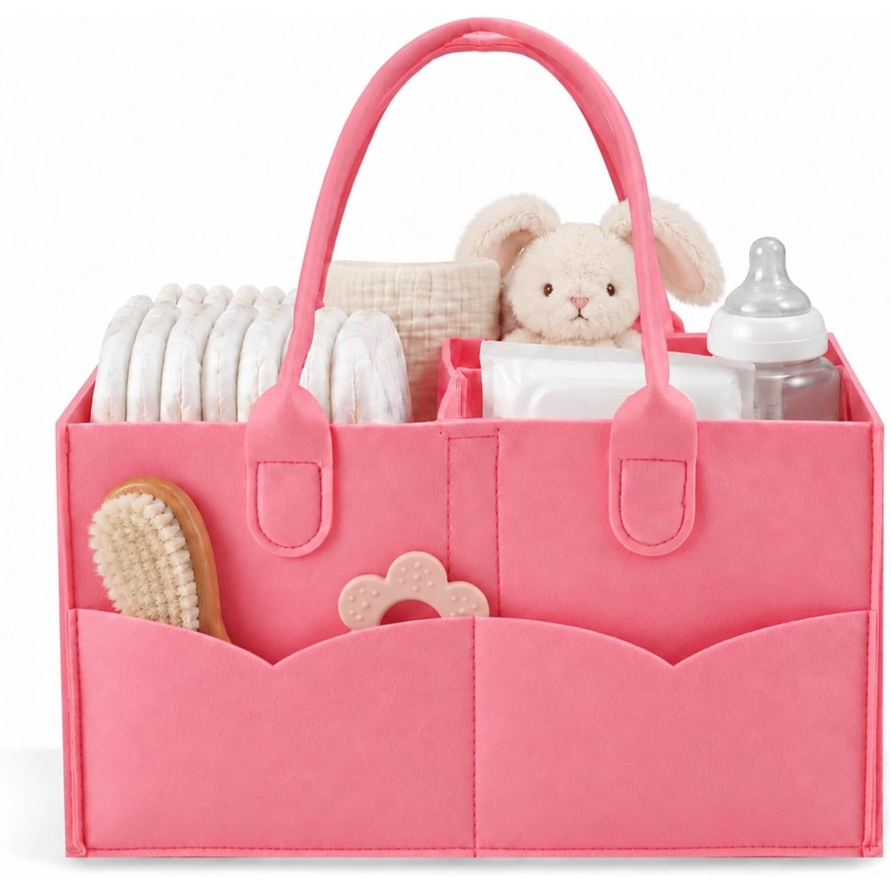 image:imagePandaEar Baby Diaper Caddy Organizer Portable Diaper Holder Organizer Nursery Storage Basket for Wipes amp baby stuff Collapsible Baby Organizer with Divided Design GreyLight Pink