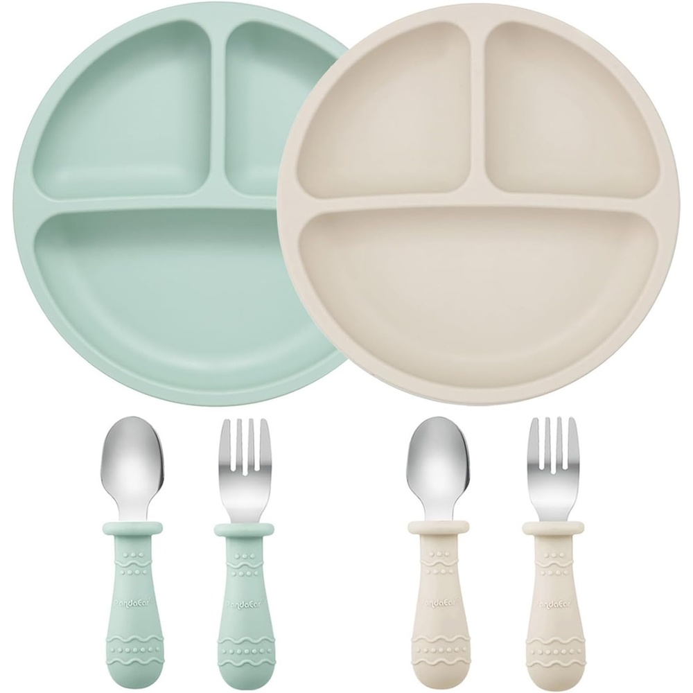 image:imagePandaEar Baby Feeding Set  2 Pack Silicone Divided Suction Plate 2 Set Toddler Spoons amp Forks  Baby Led Weaning Supplies Self Feeding Eating Utensils  BPAFree  Blue amp PinkGreen  White