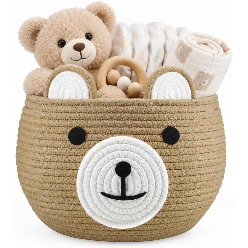 image:imagePandaEar Cotton Rope Baby Basket Baby Gift Basket Nursery Laundry Organizer with Cute Bear Design for Storage Infant Newborn Essentials Diaper Caddy with Handle BrownBrown