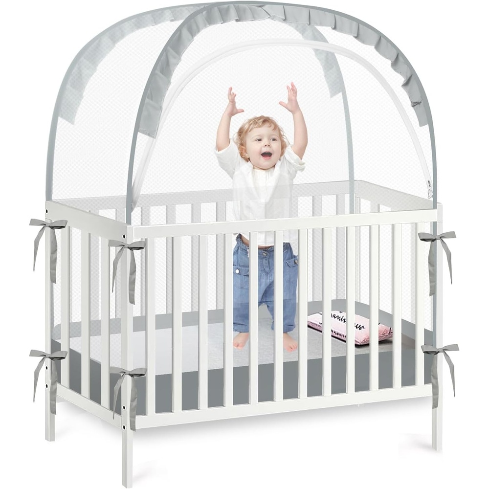 image:imagePandaEar Pop Up Crib Tent to Keep Baby from Climbing Out Breathable Crib Net Mesh Canopy Babies Crib Cover with Zipper Easy Installation GreyGray