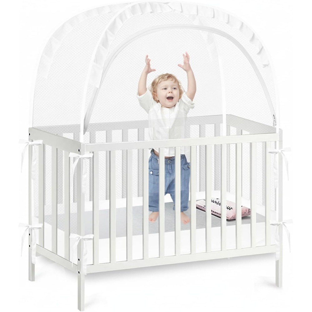image:imagePandaEar Pop Up Crib Tent to Keep Baby from Climbing Out Breathable Crib Net Mesh Canopy Babies Crib Cover with Zipper Easy Installation GreyWhite