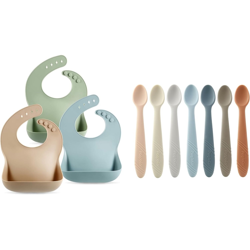 image:imagePandaEar Set of 3 Cute Silicone Bibs amp 7 Pack Silicone Baby Feeding Spoons