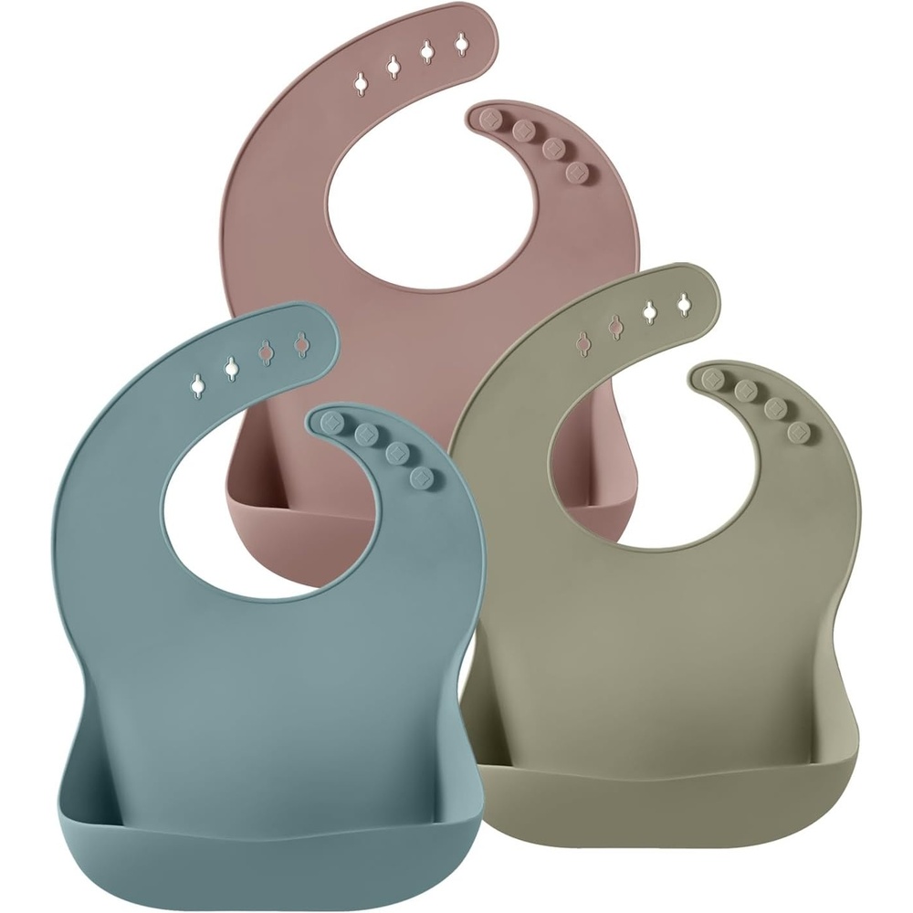 image:imagePandaEar Set of 3 Silicone Baby Bibs Waterproof Soft Adjustable Bibs for Babies Toddlers 1072 MonthsBlueBrownRed