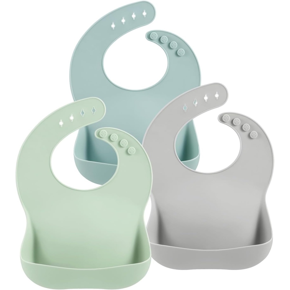 image:imagePandaEar Set of 3 Silicone Baby Bibs Waterproof Soft Adjustable Bibs for Babies Toddlers 1072 MonthsGreen Blue Grey