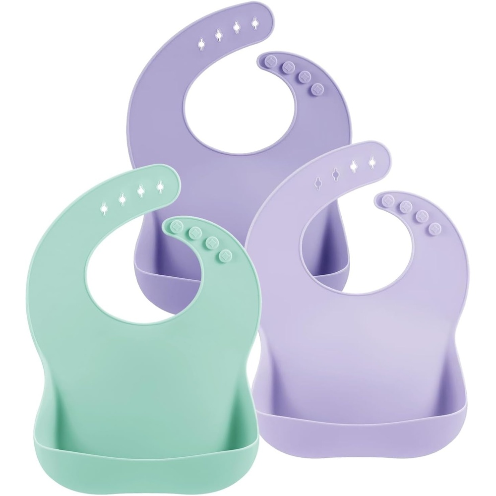 image:imagePandaEar Set of 3 Silicone Baby Bibs Waterproof Soft Unisex 1072 MonthsGreen  Purple
