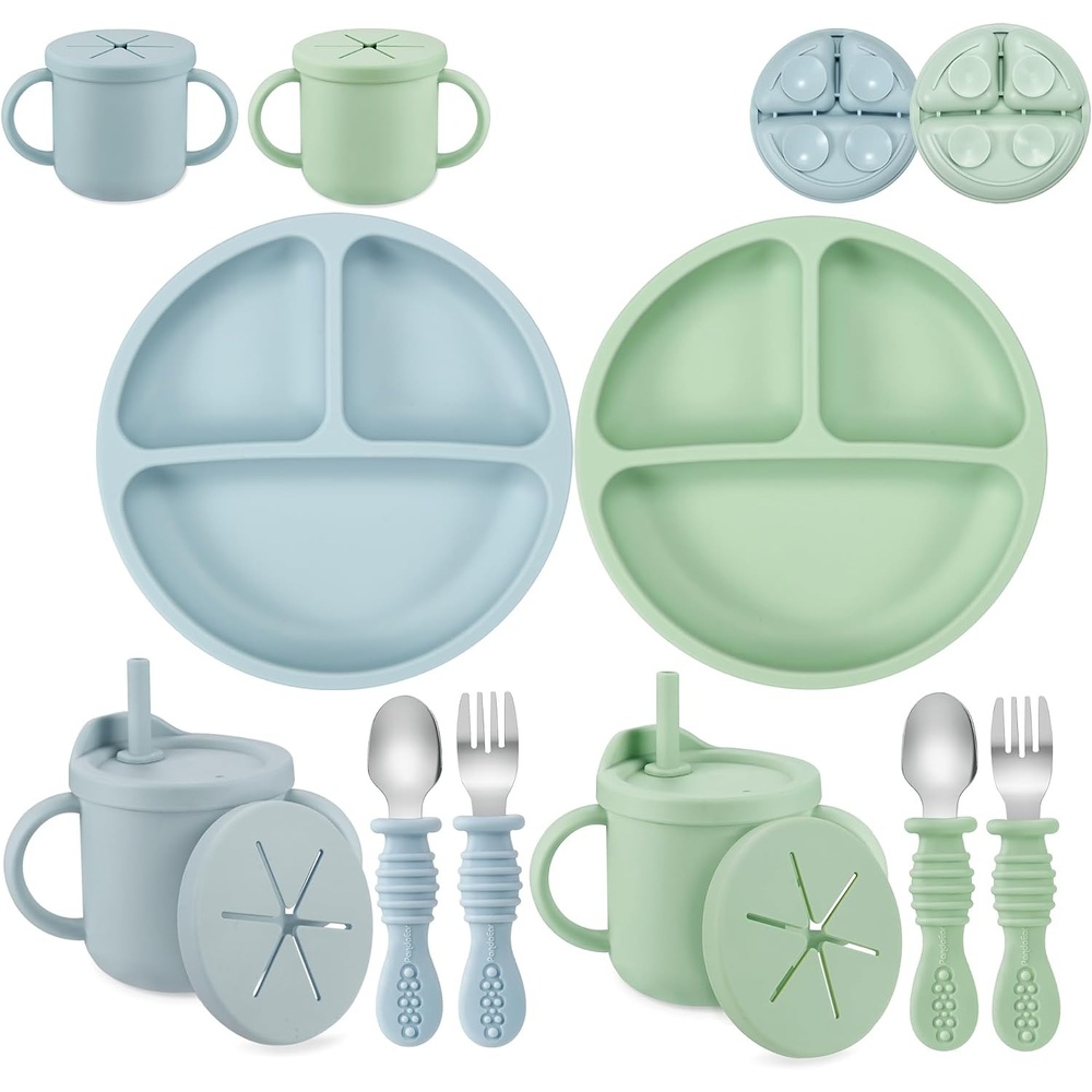 image:imagePandaEar Silicone Baby Feeding Set 2 Pack Silicone Divided Suction Plate and 2 Pack Tiny Cup with 2 Spoons 2 Forks Baby Led Weaning Supplies Self Feeding Eating Utensils Light BlueLight Green