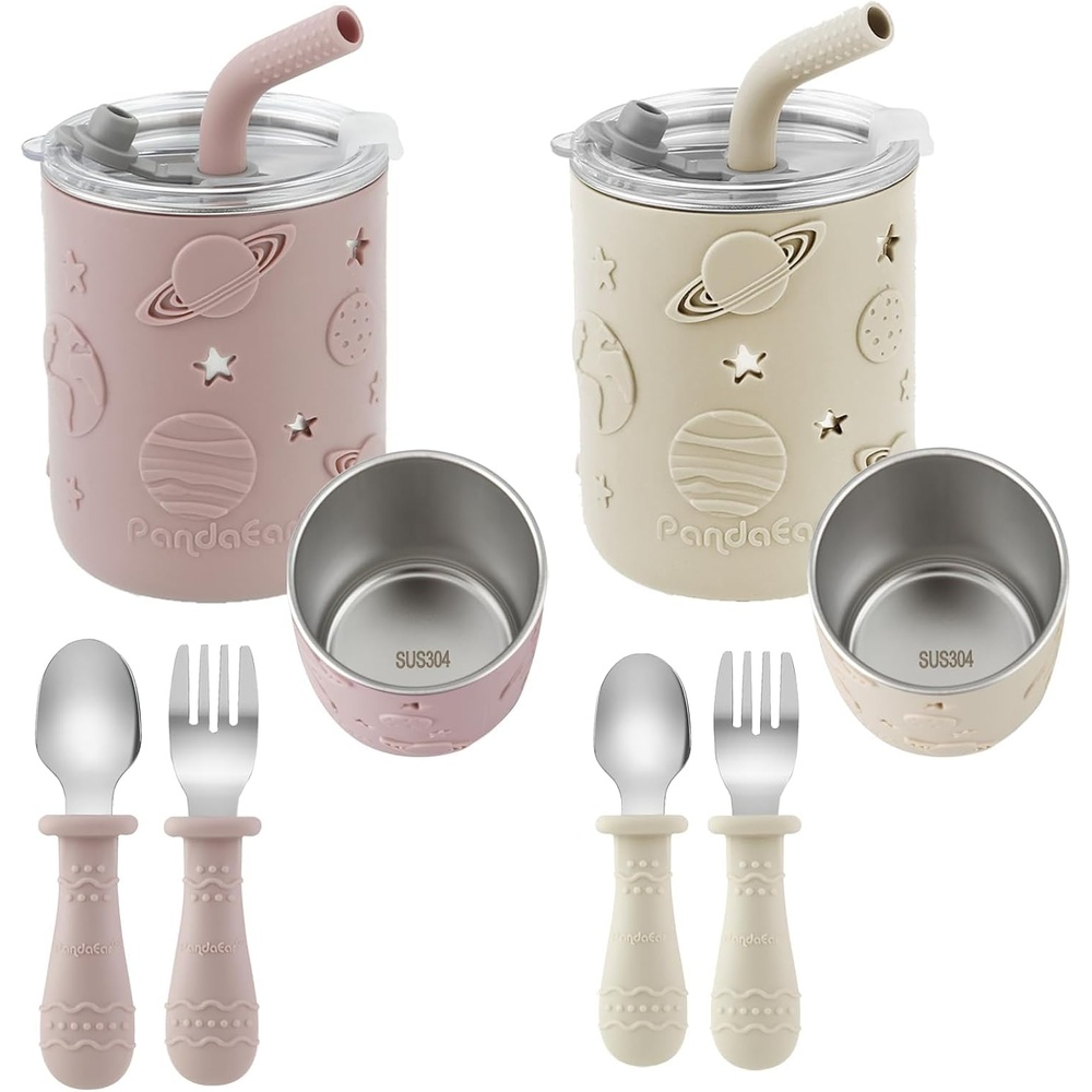 image:imagePandaEar Stainless Steel Toddler Cups with Straw 2 Pack Spoons amp Forks