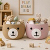 PandaEar Cotton Rope Baby Basket, Baby Gift Basket Nursery Laundry Organizer with Cute Bear Design for Storage Infant Newborn Essentials, Diaper Caddy with Handle (Brown)(Brown& Pink)
