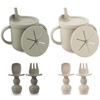 PandaEar 2 Pack Silicone Baby Straw & Snack Cup with 2 Spoons 2 Forks, Dual-Purpose Toddler Training Cups, Light Tan/Walnut(Light Tan/Walnut)