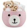 PandaEar Cotton Rope Baby Basket, Baby Gift Basket Nursery Laundry Organizer with Cute Bear Design for Storage Infant Newborn Essentials, Diaper Caddy with Handle (Brown)(Pink)