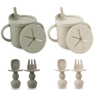 PandaEar 2 Pack Silicone Baby Straw & Snack Cup with 2 Spoons 2 Forks, Dual-Purpose Toddler Training Cups, Light Tan/Walnut(Light Tan/Walnut)